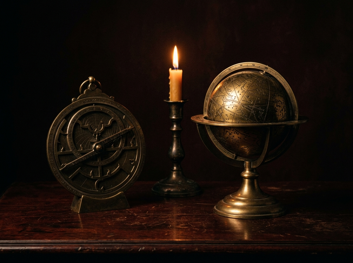 A brass astrolabe and an antique celestial globe on a mahogany desk under candlelight.