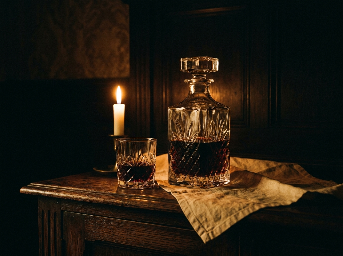 A cut-crystal decanter and matching glass holding dark liquid on a dark oak sideboard.