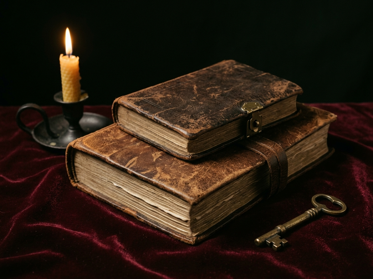Two closed leather-bound books and an antique brass skeleton key on deep oxblood velvet.