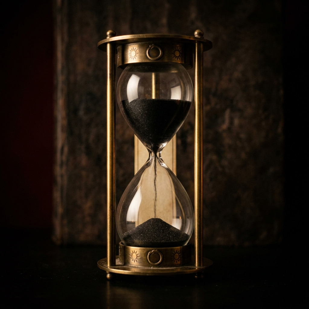 A brass-framed hourglass with black sand caught mid-fall against a dark background.