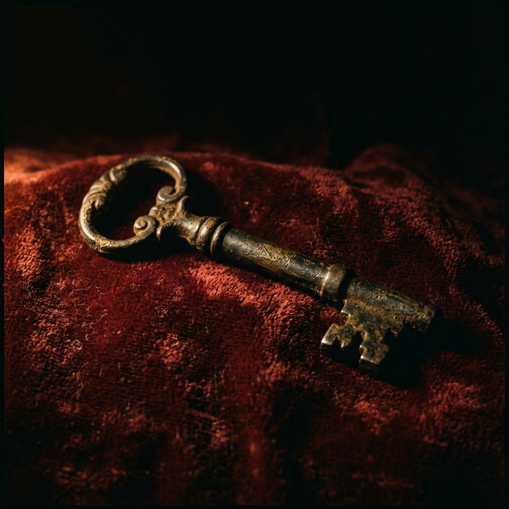 Macro detail of an antique iron skeleton key resting on worn oxblood velvet.