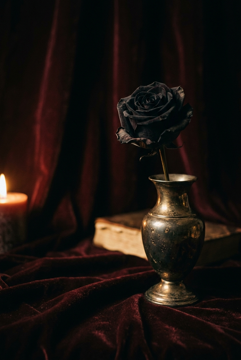 A single black rose in a tarnished silver vase against dark oxblood velvet.