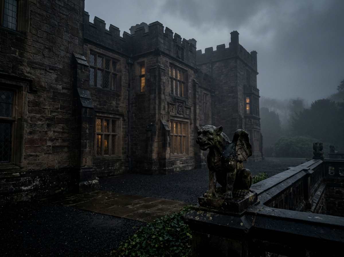 A fog-shrouded stone manor facade at dusk with a weathered gargoyle carving in the foreground.