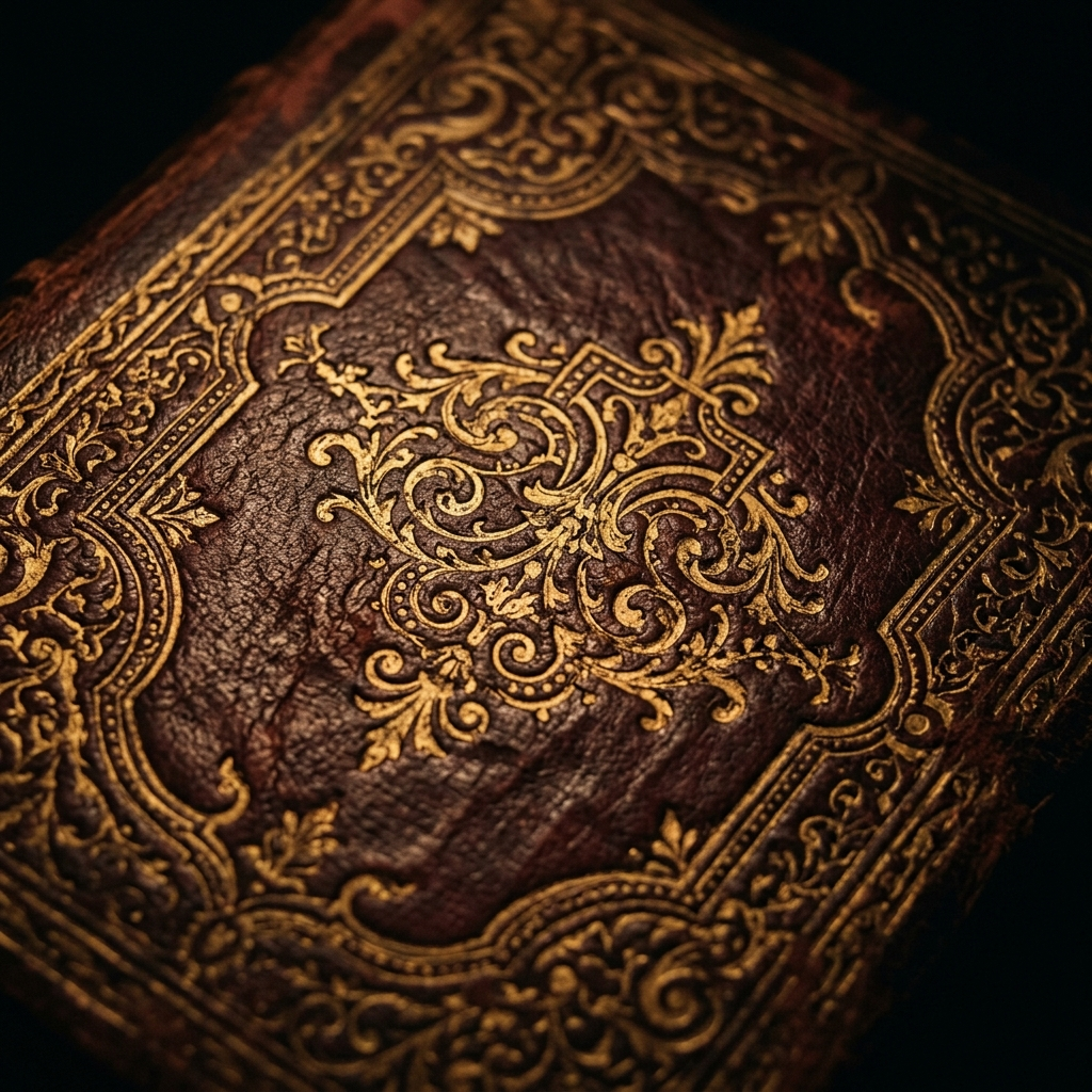 Close texture of aged oxblood leather with worn gold-leaf ornamental tooling.